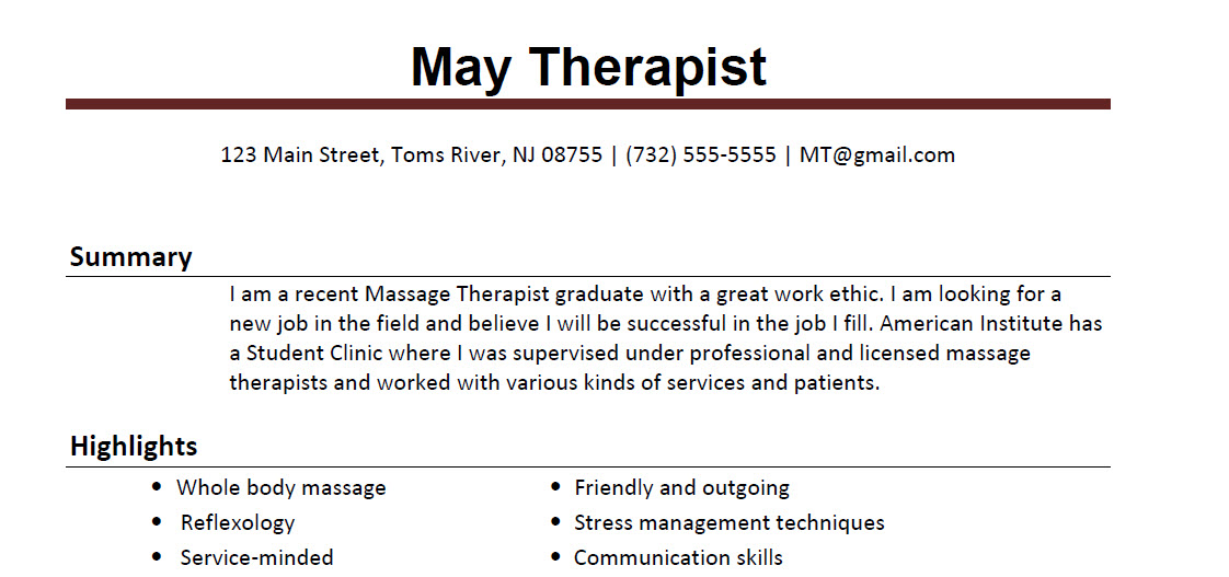 Massage Therapy Resume Sample 3 - AIGrads